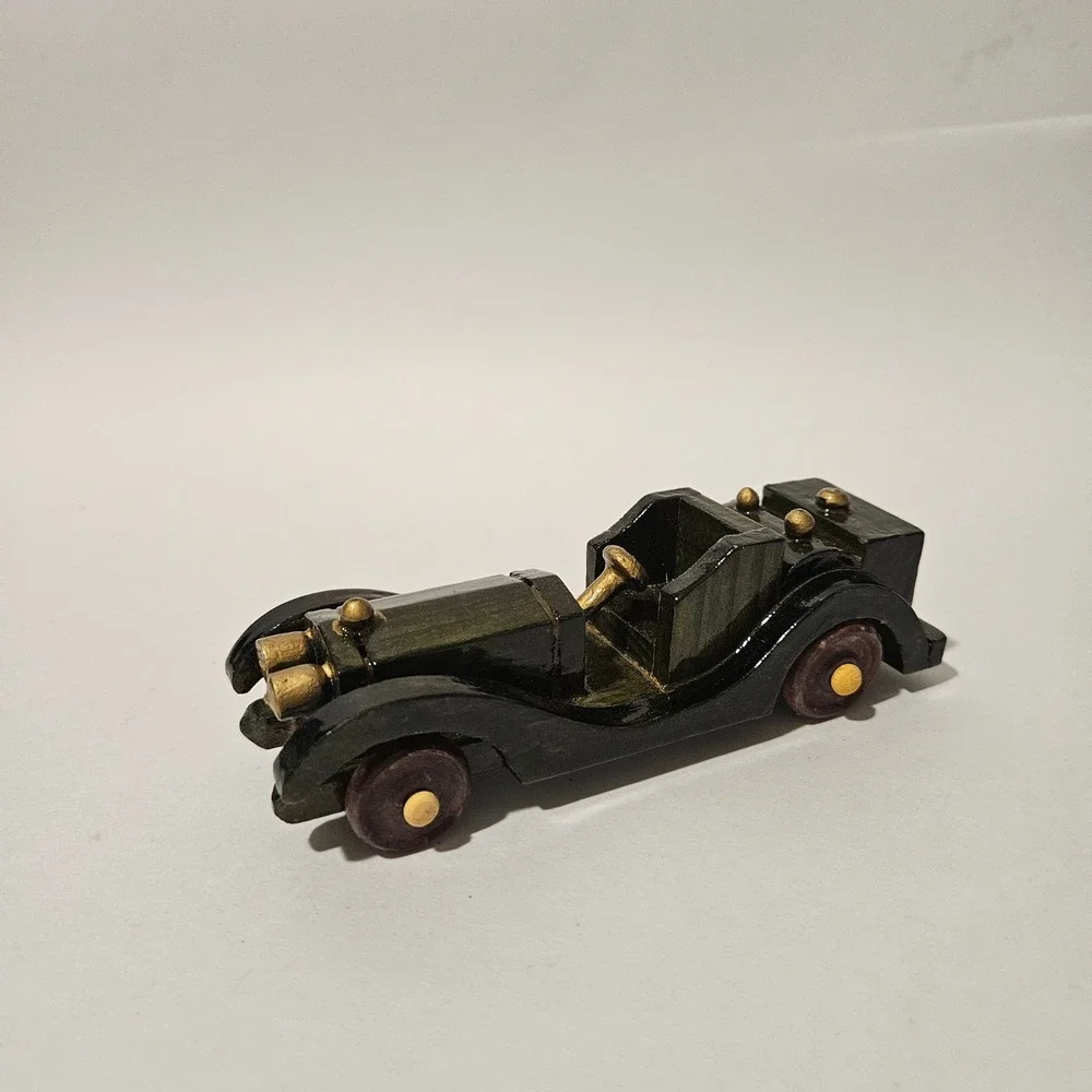 Vintage Style Handcrafted Wooden Roadster Model Car Dark Green Gold Accents